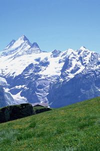 Preview wallpaper mountains, snow, stones, meadow, slope, track, grass