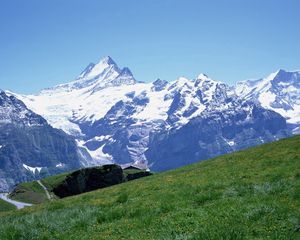 Preview wallpaper mountains, snow, stones, meadow, slope, track, grass