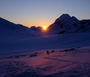 Preview wallpaper mountains, snow, sunrise, dark