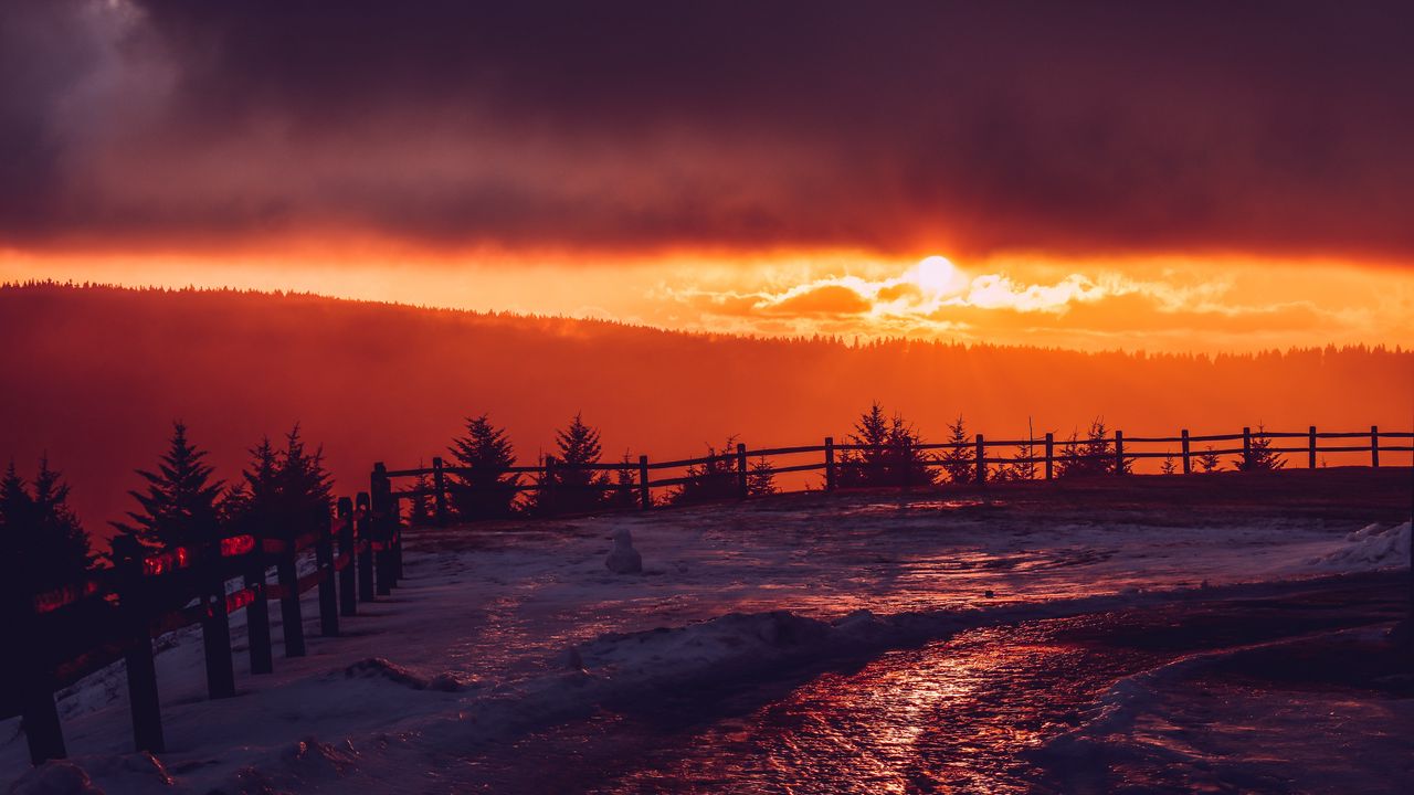 Wallpaper mountains, snow, sunset, fence, winter