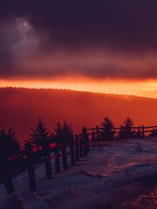 Preview wallpaper mountains, snow, sunset, fence, winter