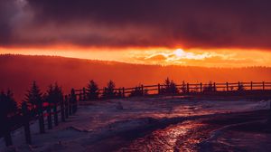 Preview wallpaper mountains, snow, sunset, fence, winter