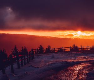 Preview wallpaper mountains, snow, sunset, fence, winter