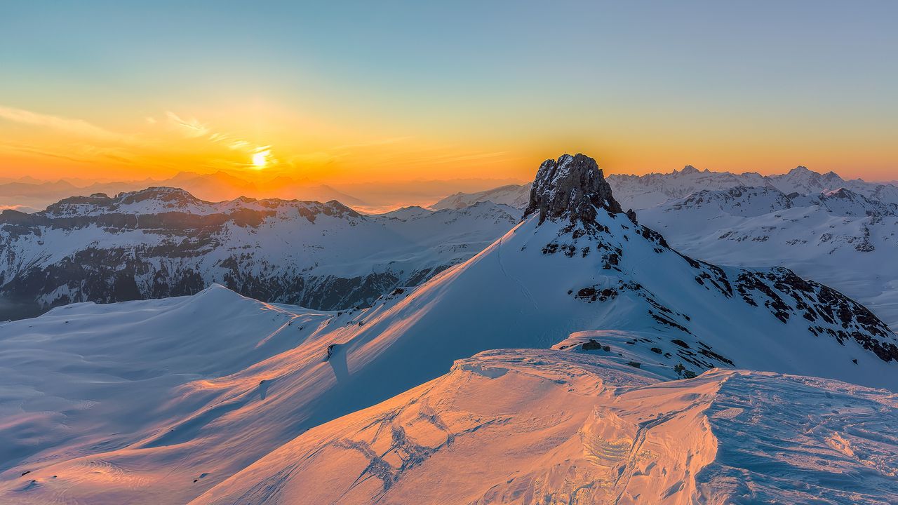 Wallpaper mountains, snow, sunset, rocks