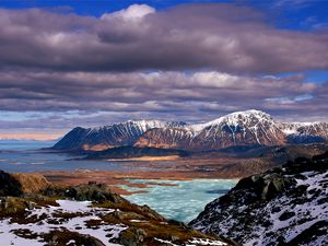 Preview wallpaper mountains, snow, tops, clouds, sky, landscape