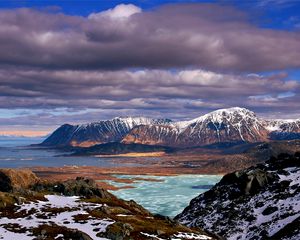 Preview wallpaper mountains, snow, tops, clouds, sky, landscape