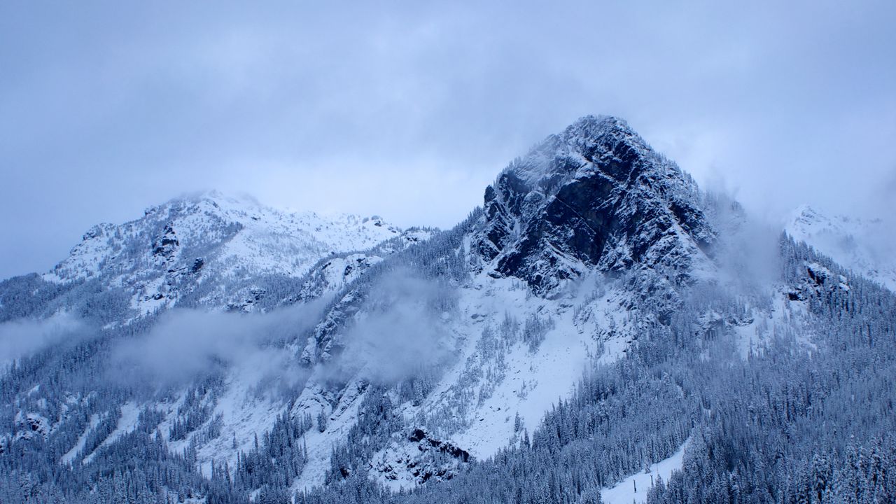 Wallpaper mountains, snow, trees, clouds, winter
