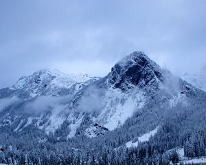 Preview wallpaper mountains, snow, trees, clouds, winter