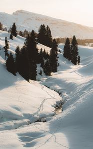 Preview wallpaper mountains, snow, trees, stream, winter