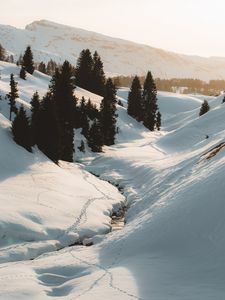 Preview wallpaper mountains, snow, trees, stream, winter