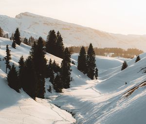 Preview wallpaper mountains, snow, trees, stream, winter