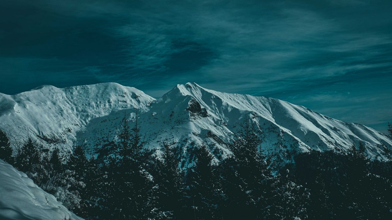 Wallpaper mountains, snow, trees, twilight, evening