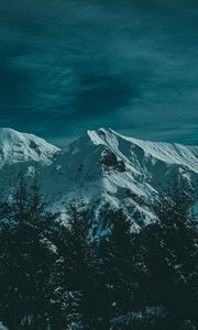 Preview wallpaper mountains, snow, trees, twilight, evening