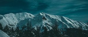 Preview wallpaper mountains, snow, trees, twilight, evening