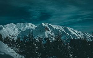 Preview wallpaper mountains, snow, trees, twilight, evening