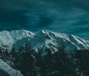 Preview wallpaper mountains, snow, trees, twilight, evening