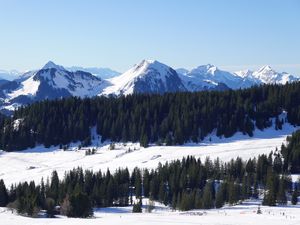 Preview wallpaper mountains, snow, trees, winter, landscape, aerial view