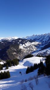 Preview wallpaper mountains, snow, trees, valley, winter, landscape