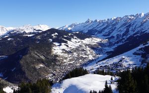 Preview wallpaper mountains, snow, trees, valley, winter, landscape