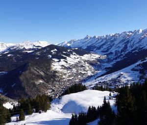 Preview wallpaper mountains, snow, trees, valley, winter, landscape