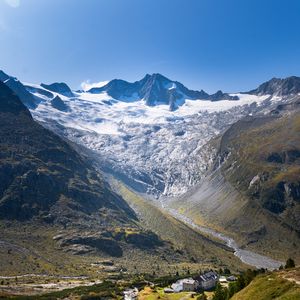 Preview wallpaper mountains, snow, trees, river, landscape