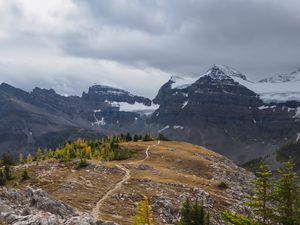 Preview wallpaper mountains, snow, trees, path, nature, landscape