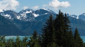 Preview wallpaper mountains, snow, trees, lake, nature