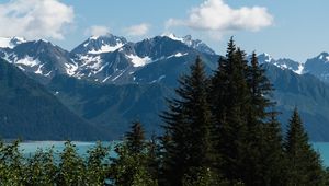 Preview wallpaper mountains, snow, trees, lake, nature