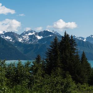 Preview wallpaper mountains, snow, trees, lake, nature