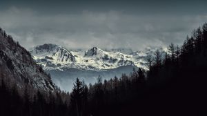 Preview wallpaper mountains, snow, trees, clouds, landscape