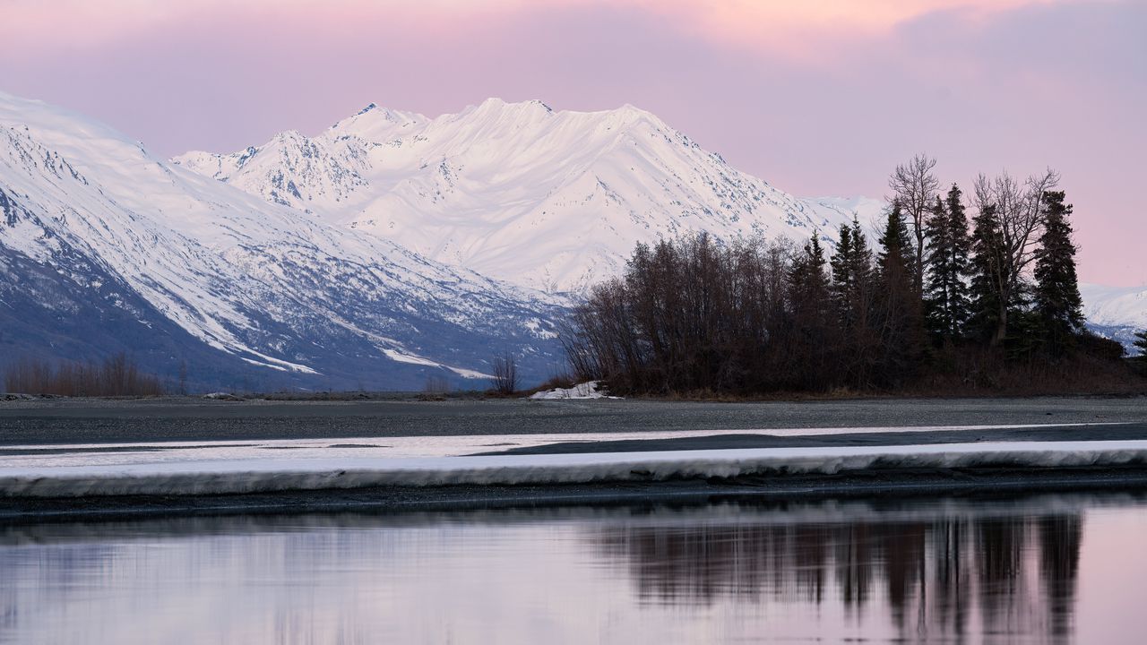 Wallpaper mountains, snow, trees, shore, river