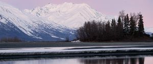 Preview wallpaper mountains, snow, trees, shore, river