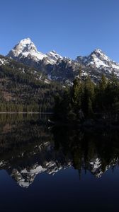 Preview wallpaper mountains, snow, trees, lake, reflection