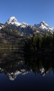 Preview wallpaper mountains, snow, trees, lake, reflection