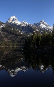 Preview wallpaper mountains, snow, trees, lake, reflection