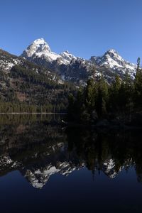 Preview wallpaper mountains, snow, trees, lake, reflection