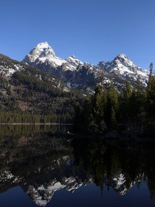 Preview wallpaper mountains, snow, trees, lake, reflection