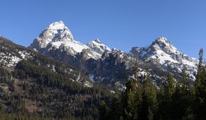 Preview wallpaper mountains, snow, trees, lake, reflection