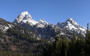 Preview wallpaper mountains, snow, trees, lake, reflection