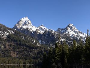 Preview wallpaper mountains, snow, trees, lake, reflection