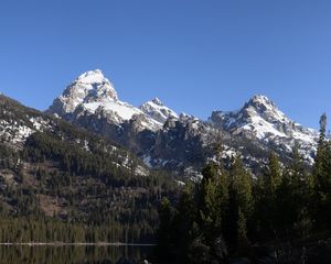 Preview wallpaper mountains, snow, trees, lake, reflection