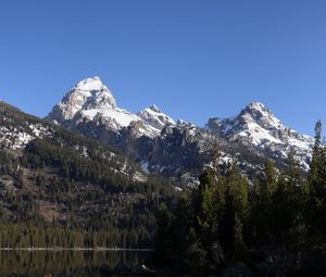 Preview wallpaper mountains, snow, trees, lake, reflection