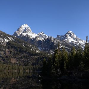 Preview wallpaper mountains, snow, trees, lake, reflection