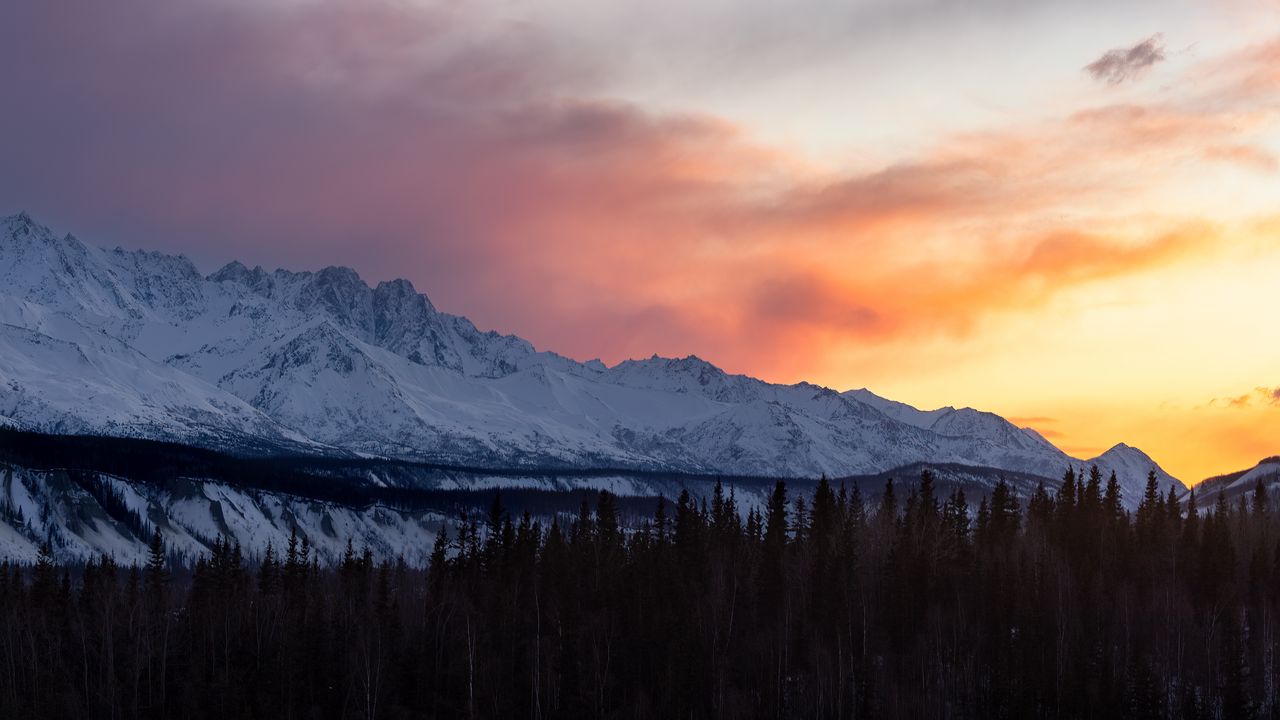 Wallpaper mountains, snow, trees, sunset