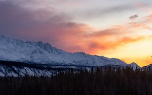 Preview wallpaper mountains, snow, trees, sunset