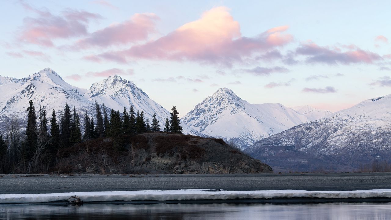 Wallpaper mountains, snow, trees, shore