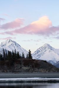 Preview wallpaper mountains, snow, trees, shore