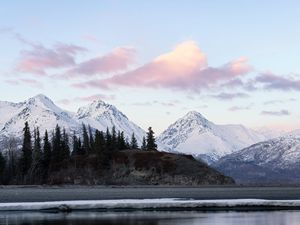 Preview wallpaper mountains, snow, trees, shore