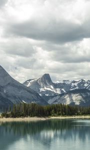 Preview wallpaper mountains, snow, trees, lake, island