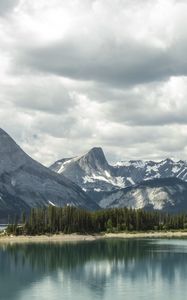 Preview wallpaper mountains, snow, trees, lake, island